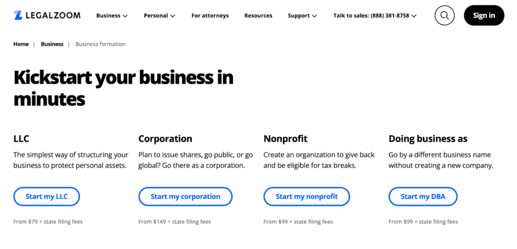 LegalZoom kickstart your business in minutes page