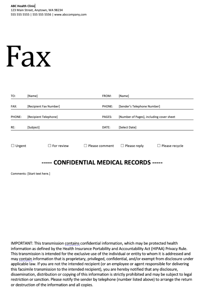 Example of a HIPAA compliant fax cover sheet with the HIPAA confidentiality clause at the bottom