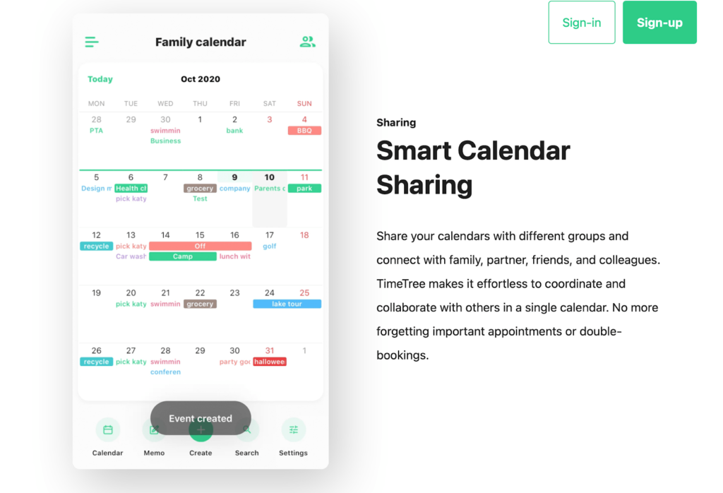 Screenshot of TimeTree website page showing image of a family calendar with headline that says "Smart Calendar Sharing"