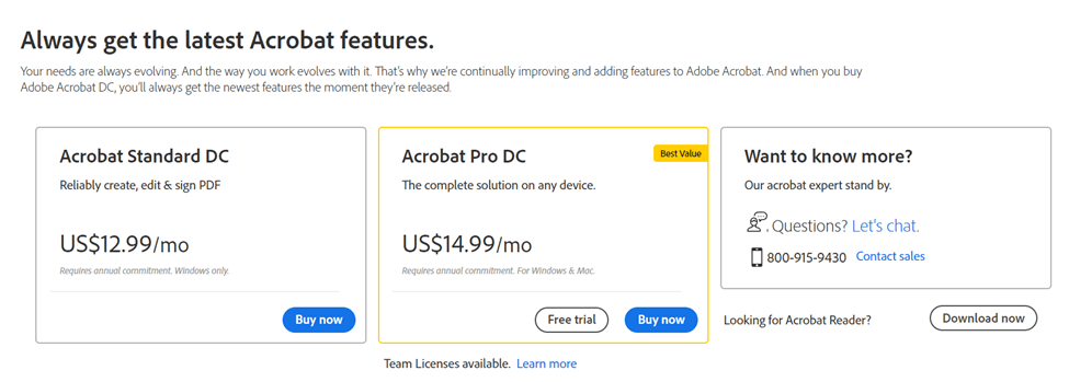 Pricing for Adobe Acrobat Standard DC and Acrobat Pro DC