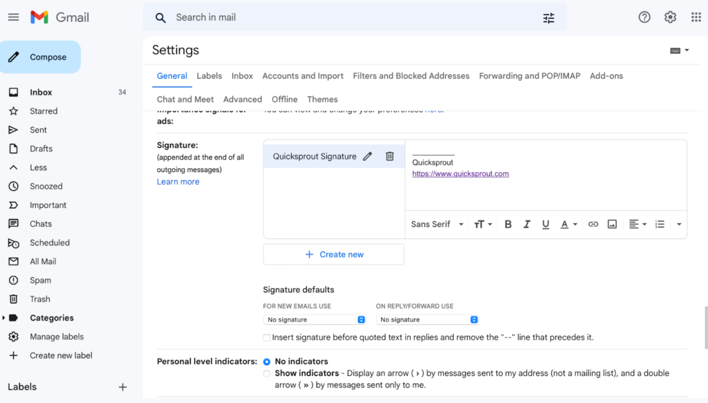 Screenshot of Signatures section in Gmail settings page