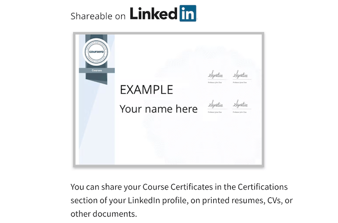 Screenshot of shareable LinkedIn web certificate digital display.