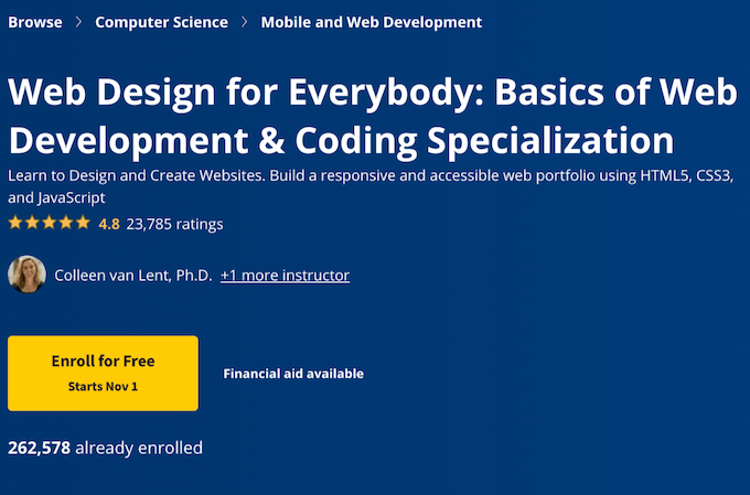 Screenshot of Coursera/University of Michigan web design specialization course registration.