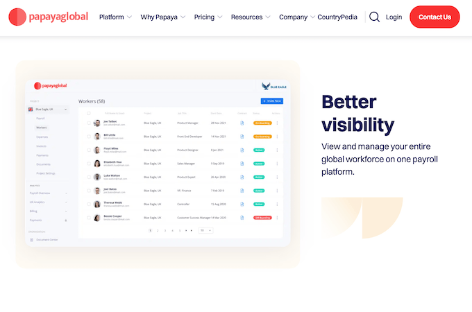 Papaya Global HRIS landing page.