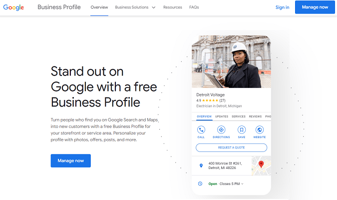 Google Business webpage