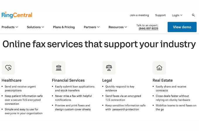 RingCentral webpage with headline that says "Online fax services that support your industry" and bullet lists of features for healthcare, financial services, legal, and real estate