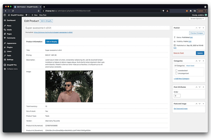 Example of Shopify product editor in WordPress