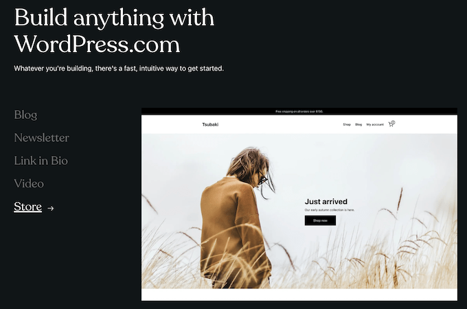 WordPress landing page with header that says "Build anything with WordPress.com" and an example of an online store that was built in WordPress