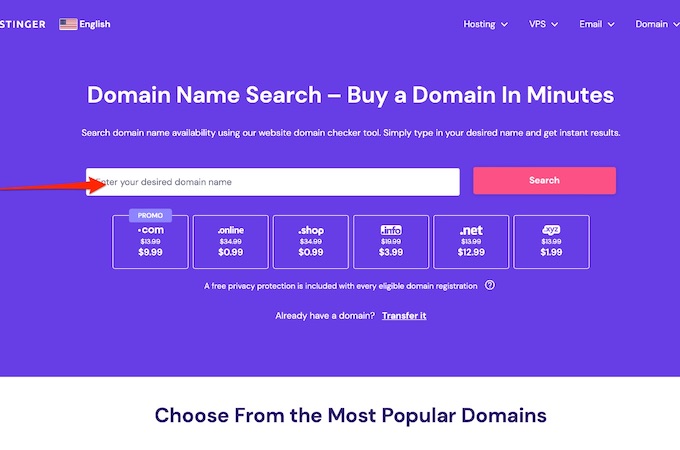 A screenshot of Hostinger's domain name search tool.