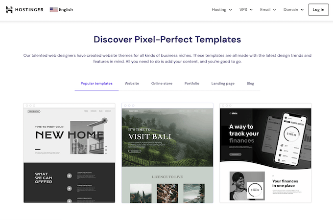 Hostinger website builder template examples for new home designs, travel, and finance tracking.