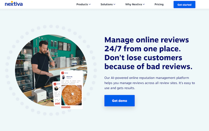 Nextiva social media management page highlighting its 24/7 online review management feature