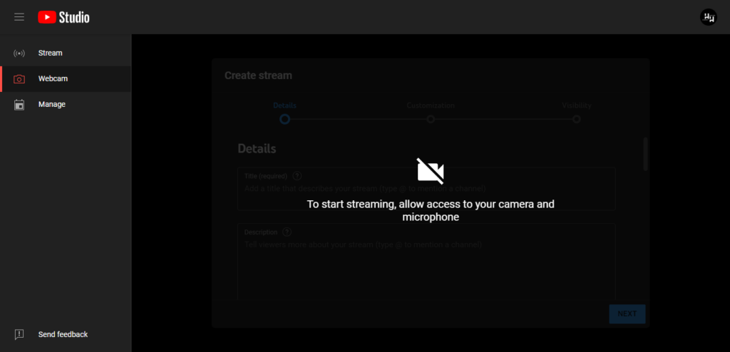 Screenshot of permissions so YouTube can access your web cam.