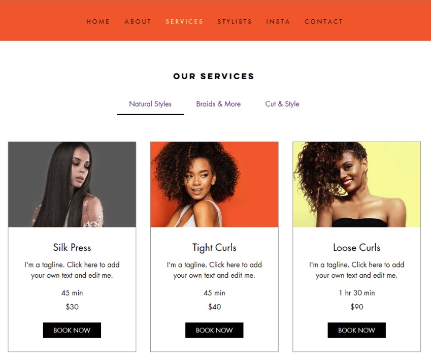 Our Services page for Beauty Salon. 