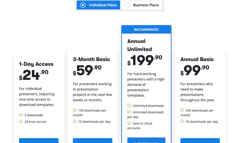 Four individual plans from SlideModel with prices. 