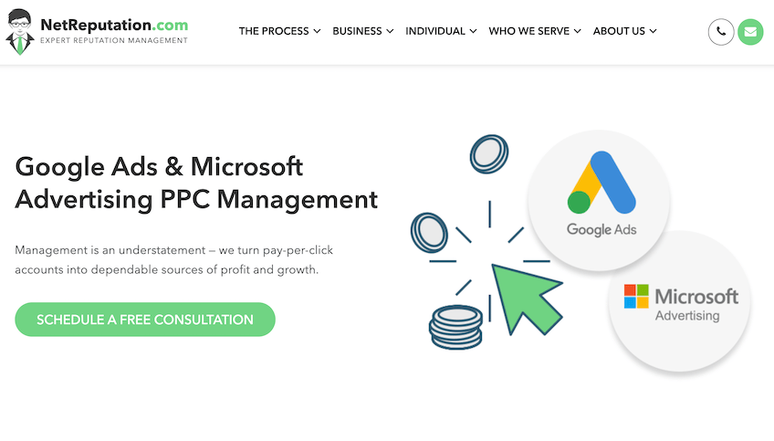 NetReputation's PPC management service landing page for Google Ads and Microsoft Advertising