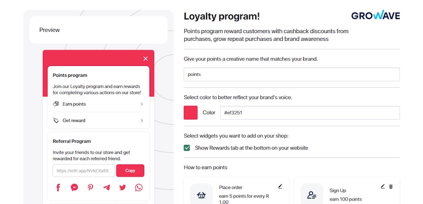 Page to create loyalty program for your customers through Growave interface. 