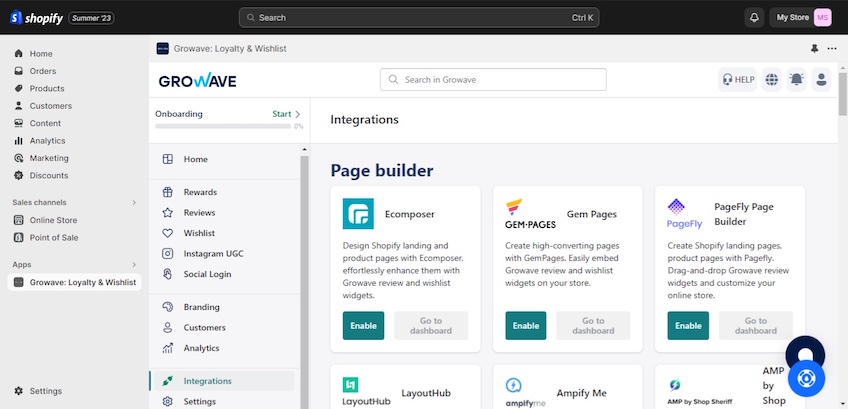 List of integrations with a breakdown by sections with the Page Builder section shown. 