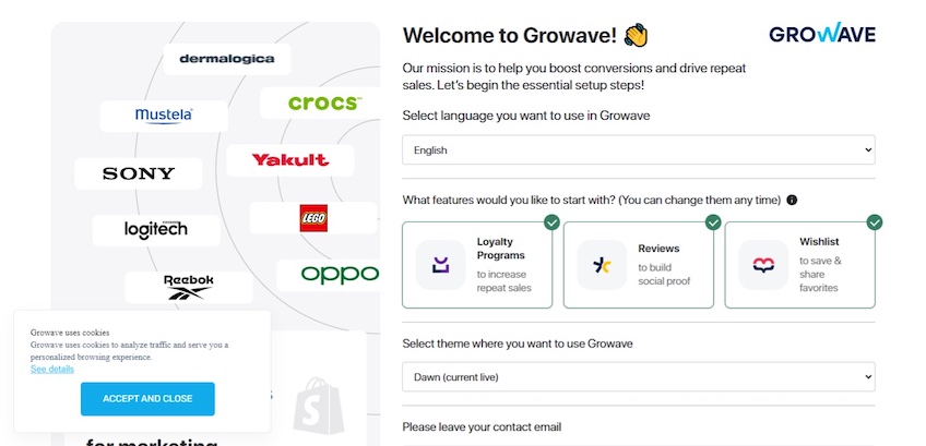 Welcome to Growave page with options to choose language and features. 