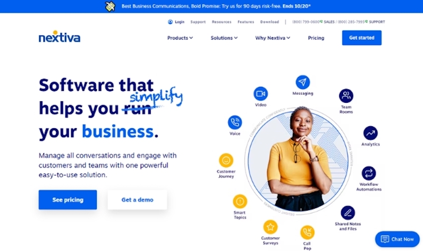 Nextiva homepage with a button to see pricing and a button to get a demo. 