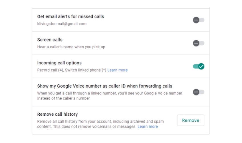 Google Voice app settings with incoming call options toggled on for record call. 