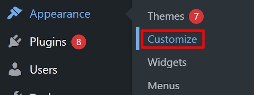 WordPress dashboard with the Appearance option selected a red box around the Customize selection.