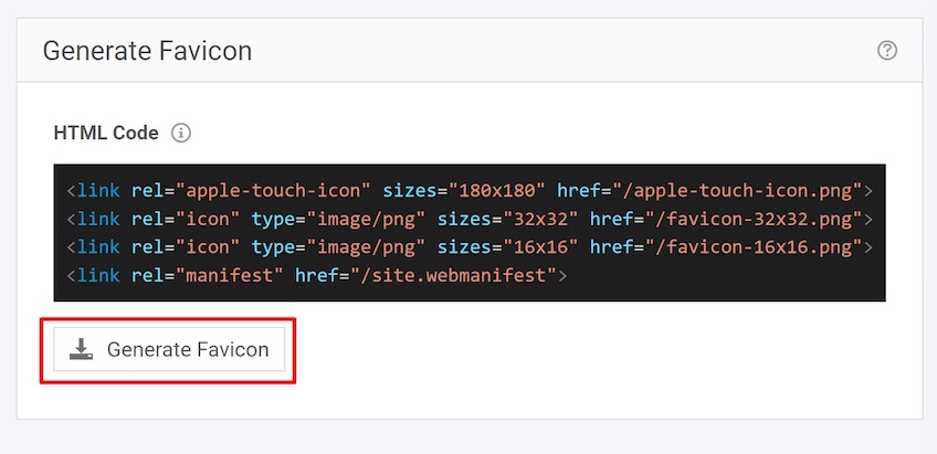 HTML code for a favicon displayed with a Generate Favicon button. 