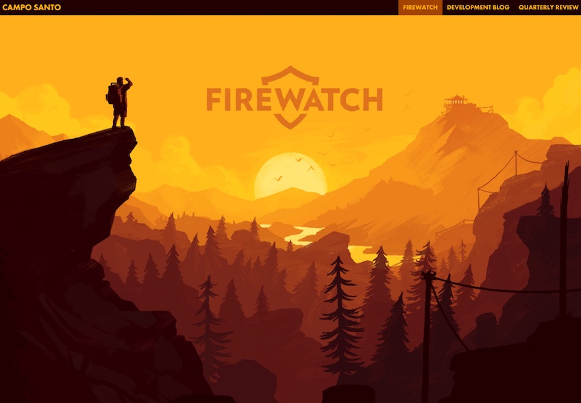 Firewatch homepage with a bright red and orange mountain view and a person standing on the edge of the mountain looking out. 