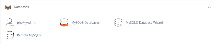 CPanel Database section including phpMyAdmin, MySQL Databases, MySQL Database Wizard, and Remote MySQL.