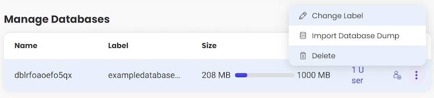 A section showing the options to modify a database: Change Label, Import Database Dump, and Delete.