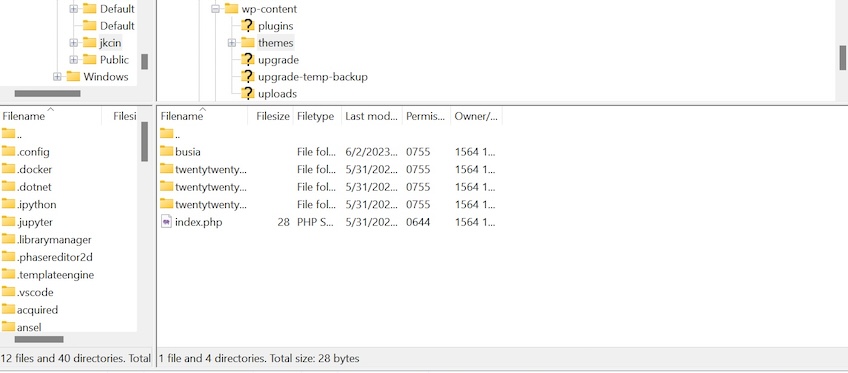 FTP client screenshot with the themes folder shown. 