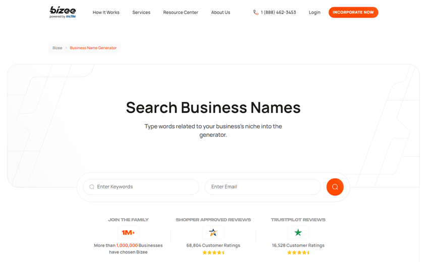 Bizee's business name generator start page.