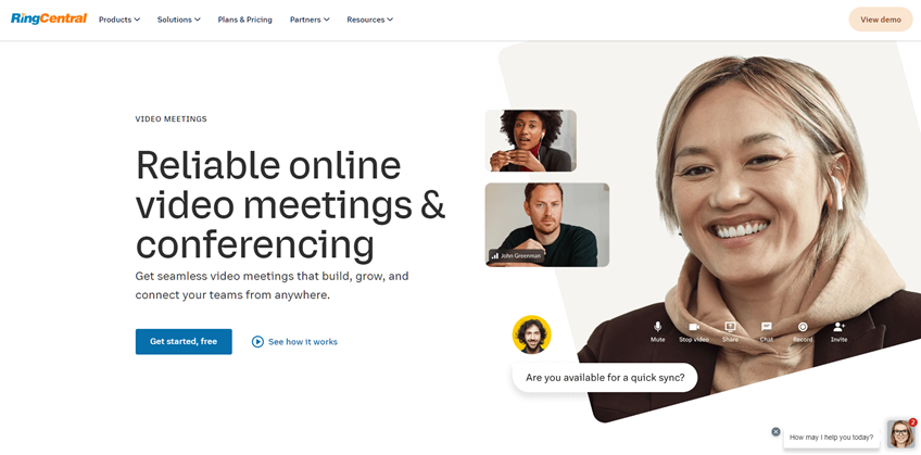 RingCentral's video conferencing landing page. Text says reliable online video meetings and conferencing