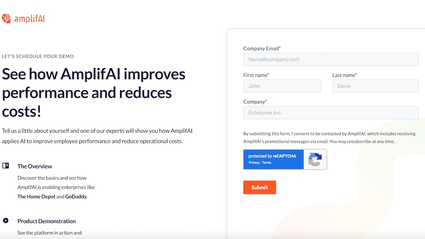 AmplifAI request demo form. 
