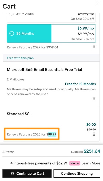 GoDaddy checkout page with orange box around line that says Standard SSL renews for $99.99