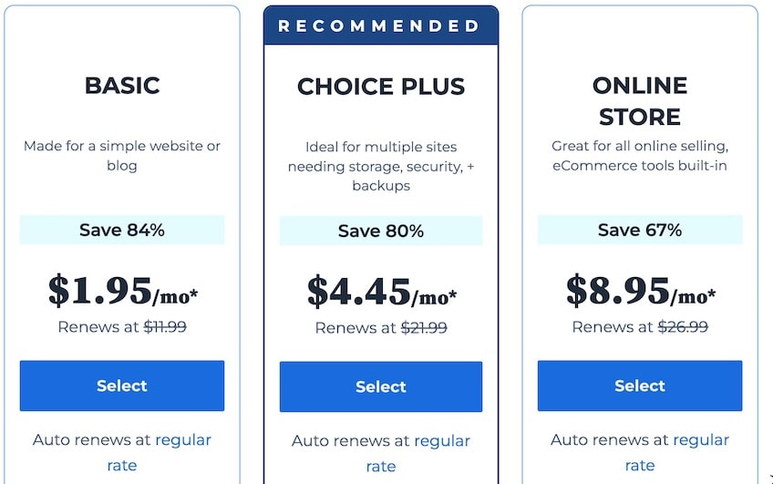 Bluehost pricing packages showing prices for Basic at 1.95 per month, Choice Plus for 4.45 per month, and Online Store for 8.95 per month