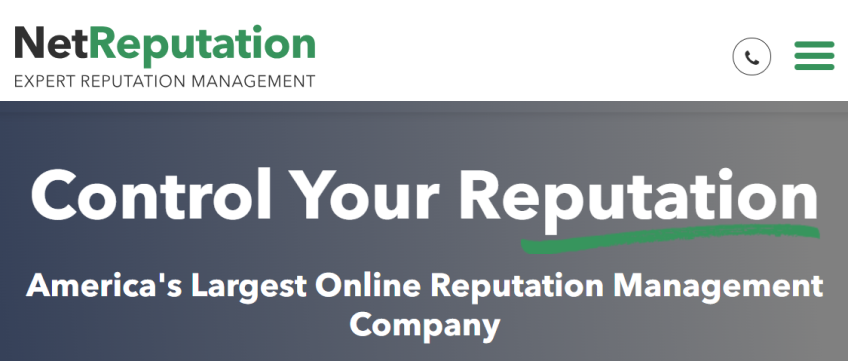 Image of the Netreputation homepage, which reads, "Control Your Reputation: America's largest online reputation management company"